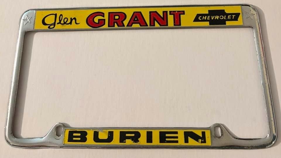 Vintage Glen Grant Chevrolet Dealership Booster License Plate Frame Burien WA