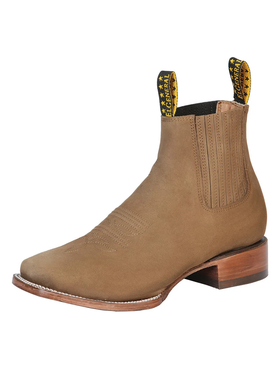El General Men's Square Toe Western Ankle Boot Brown Nubuck Leather