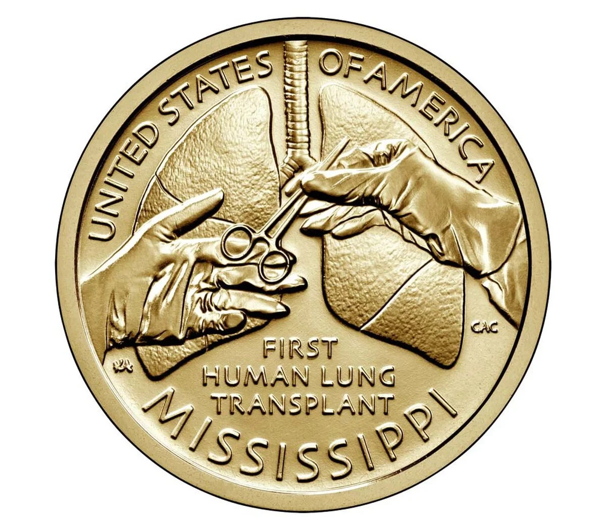 American Innovation $1 Mississippi Coin, First human lung transplant, Denver American Innovation $1 Mississippi Coin, First human lung transplant, Denver