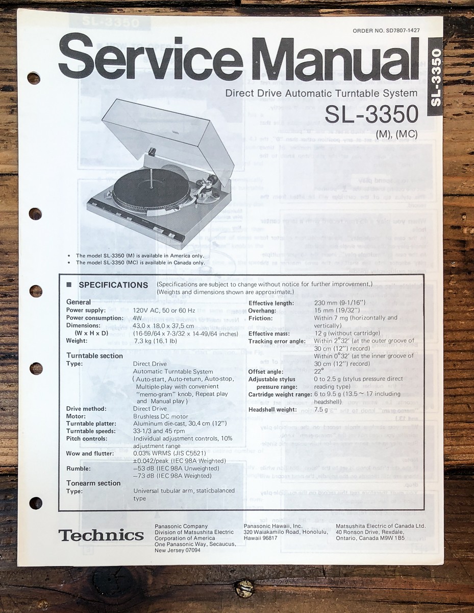 Technics SL-3350 Record Player / Turntable Service Manual *Original*