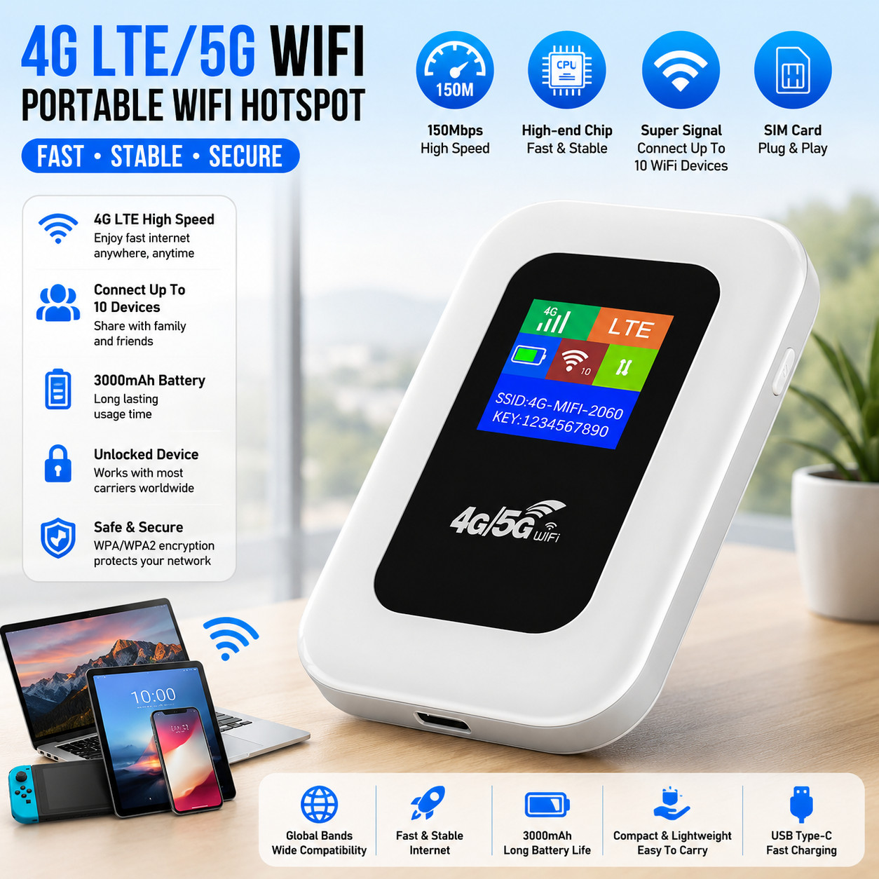 Unlocked Hotspot LTE 5G Wireless WiFi Router Mobile Broadband MIFI LCD 3000mAh Unlocked Hotspot LTE 5G Wireless WiFi Router Mobile Broadband MIFI LCD 3000mAh