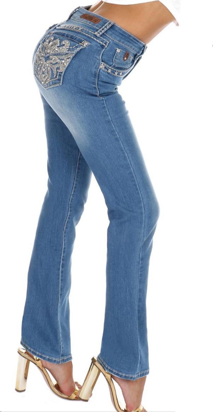 Womens Bootcut Jean Stretch Denim Mid Rise Rhinestones Jack David &Sexy Couture