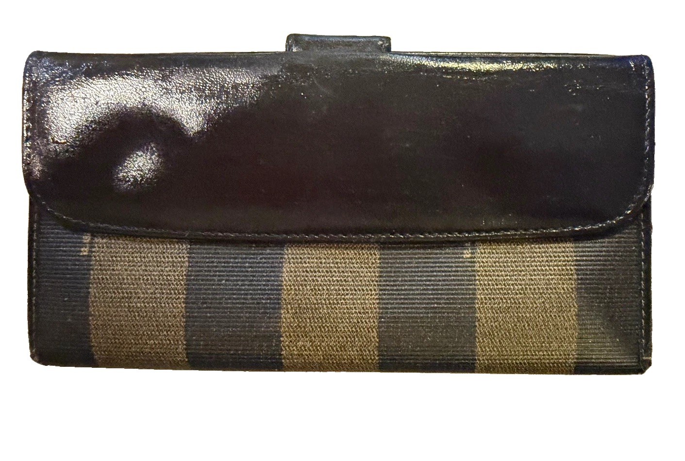 Authentic Vintage Fendi Pequin Stripe Long Wallet Black Brown Snap ID Window COA