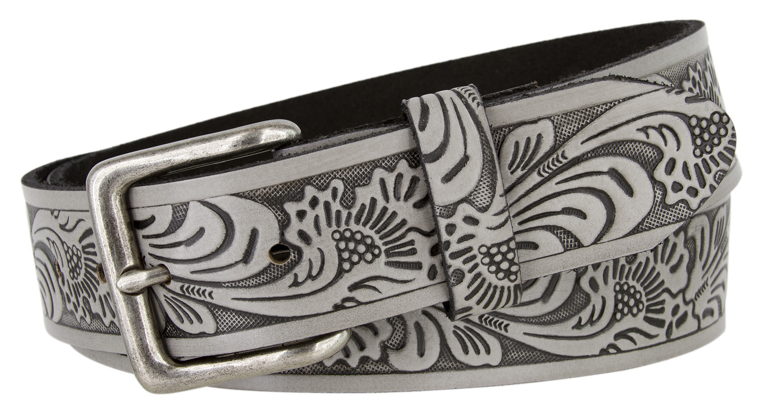  Antique Buckle Western Embossed Tooled Genuine Leather Belt 1-1/2\