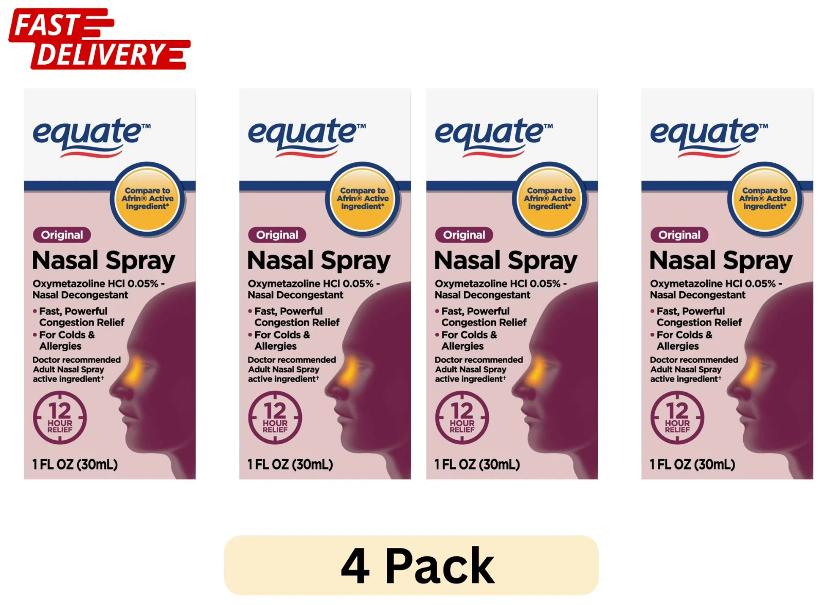 (4 pack) Equate Original 12 Hour Nasal Spray, Max Strength, 1 Fluid Ounce