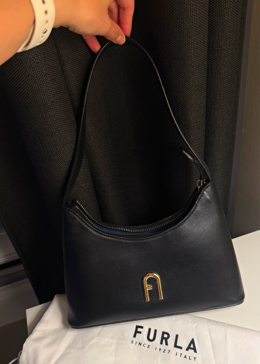 Furla Black Small Shoulder Bag Solid Rectangle Zip Gold Hardware Strap Dust Bag Furla Black Small Shoulder Bag Solid Rectangle Zip Gold Hardware Strap Dust Bag