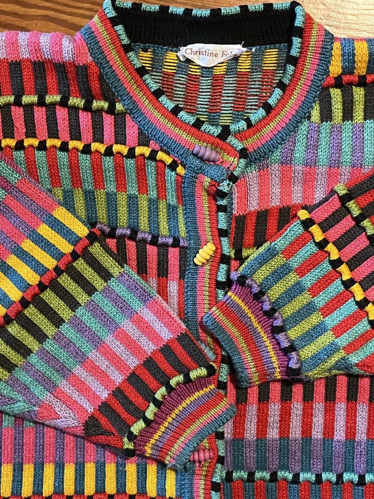 Vtg Christine Foley Colorful Knit Cardigan Retro Patchwork Sweater Buttons L Vtg Christine Foley Colorful Knit Cardigan Retro Patchwork Sweater Buttons L