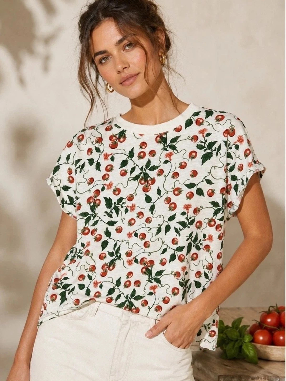 Maeve by Anthropologie White Cherry Tomatoes Vine Short Sleeve Crop Top tee MD