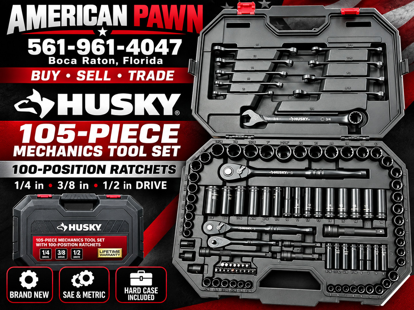 Husky 105-Piece Mechanics Tool Set 100-Position Ratchets 1/4 3/8 1/2 Drive New