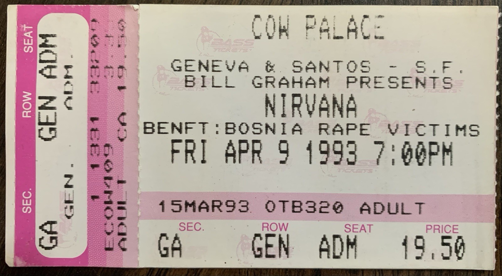 1993 Nirvana Bosnia Rape Victims Benefit Show Cow Palace Ticket Stub VG Rare🔥