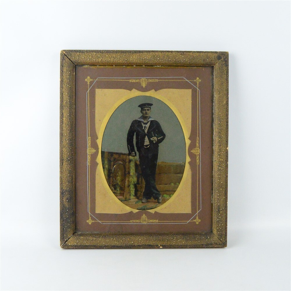 Antique Full Plate Tintype Photograph SMS Siegfried German Sailor Painted Framed Antique Full Plate Tintype Photograph SMS Siegfried German Sailor Painted Framed