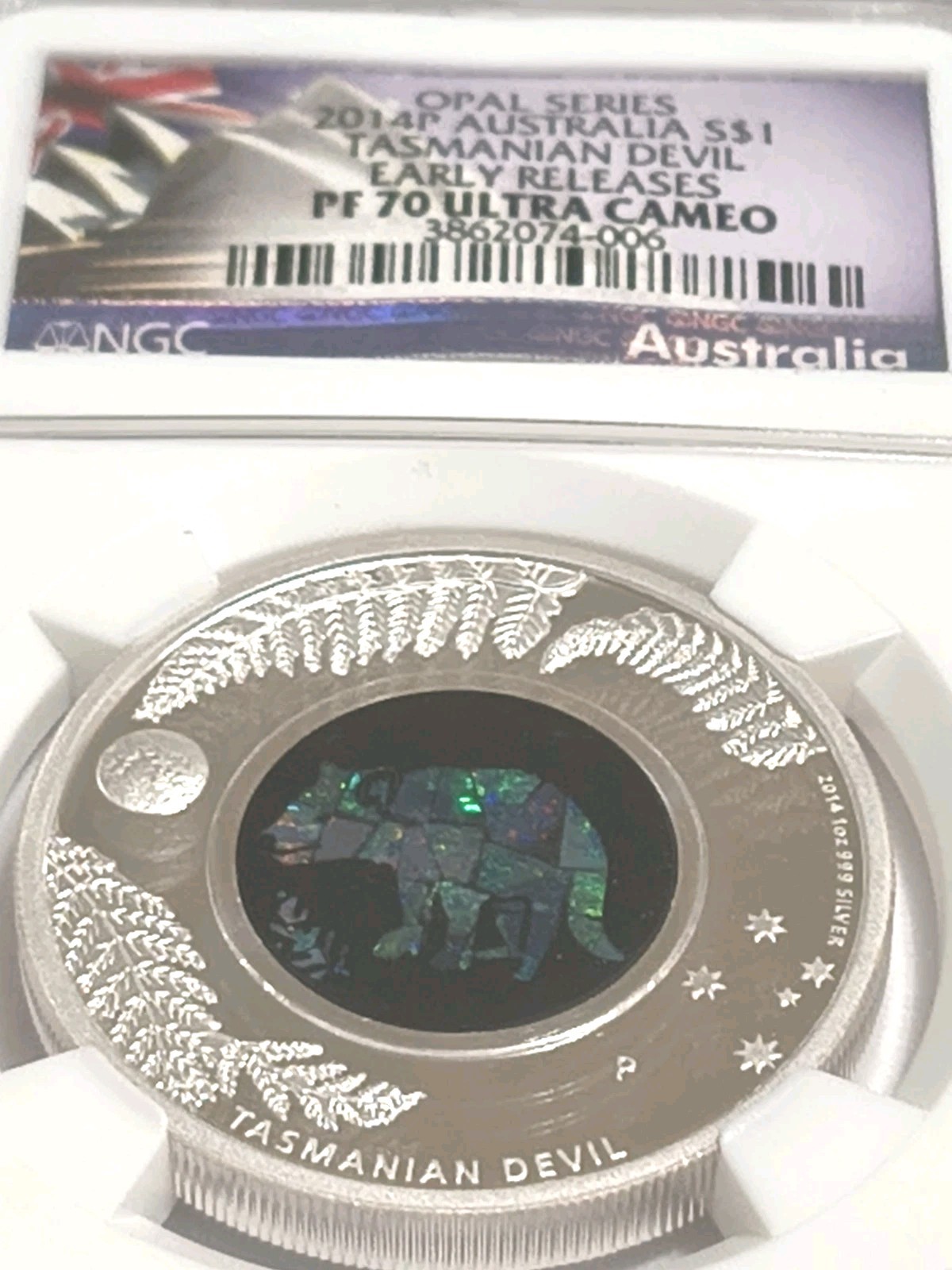 2014P Australia S$1 NGC PF70 Early Rel. Ultra Cameo Tasmanian Devil Opal Series 2014P Australia S$1 NGC PF70 Early Rel. Ultra Cameo Tasmanian Devil Opal Series