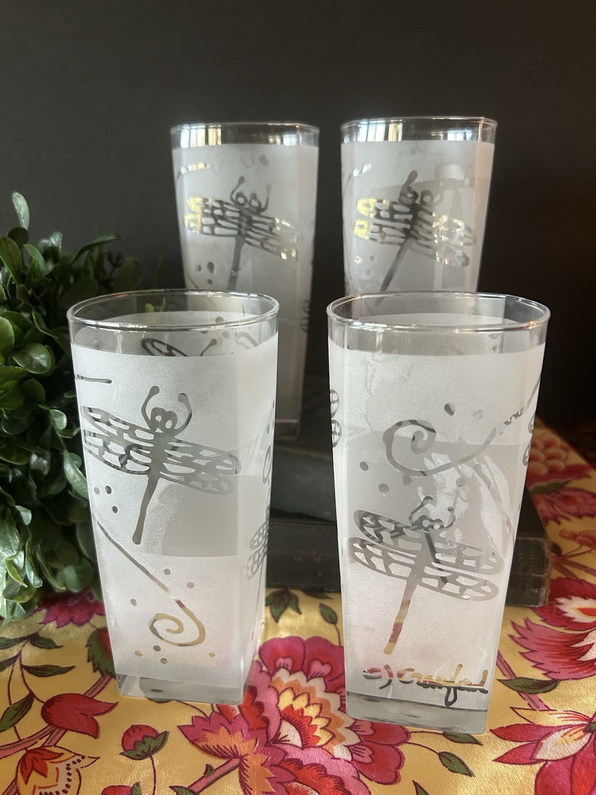 4 Vintage Dragonfly Frosted Etched Glasses Tumbler Signed CJ Crawford Excellent