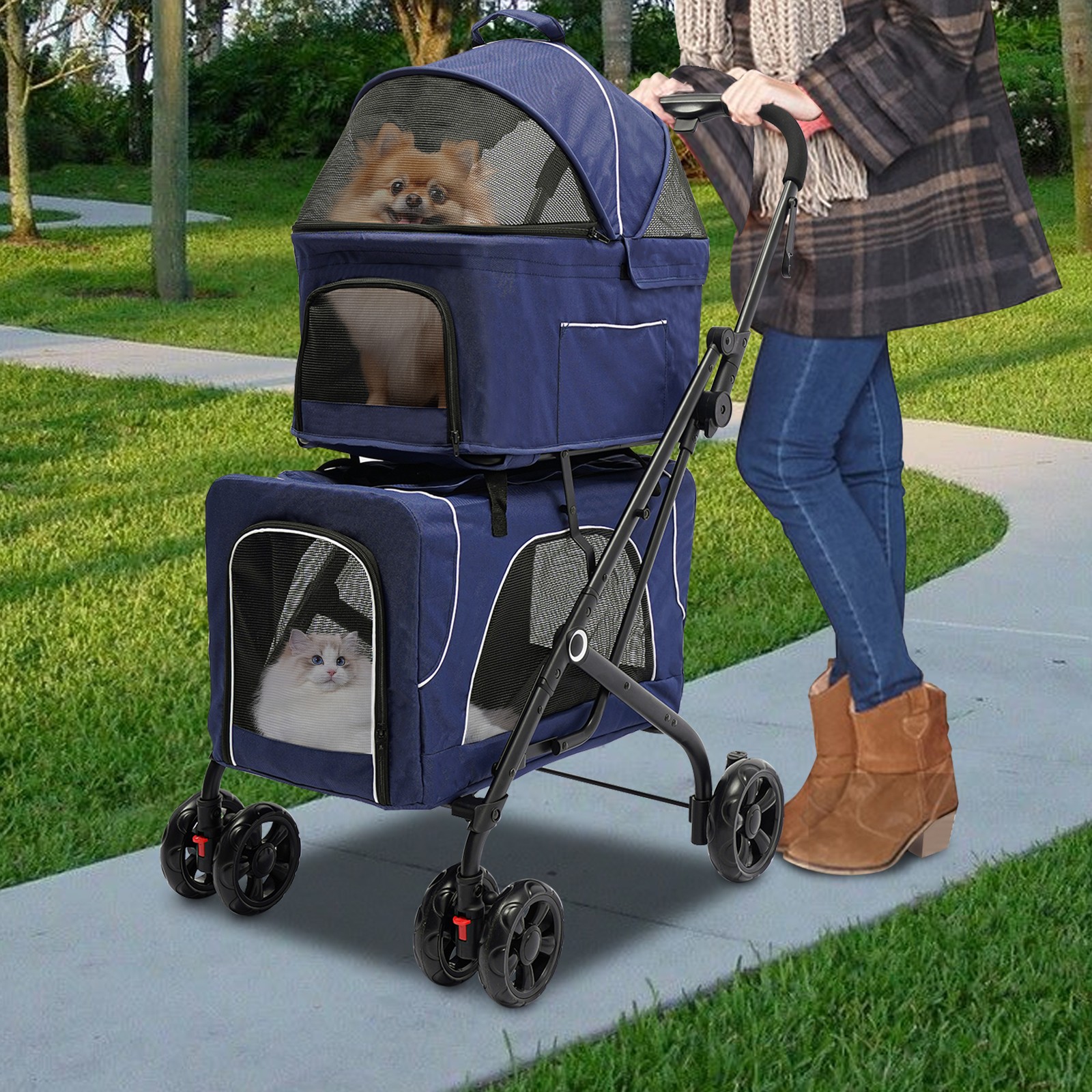 Blue Double Pet Stroller Dog Cat Carrying Cart Foldable Pet Stroller For Cats