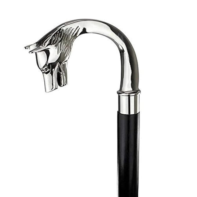 Handcrafted Walking Cane, Brass Silver Tone Wolf Head Handle, Look Chrome Finish