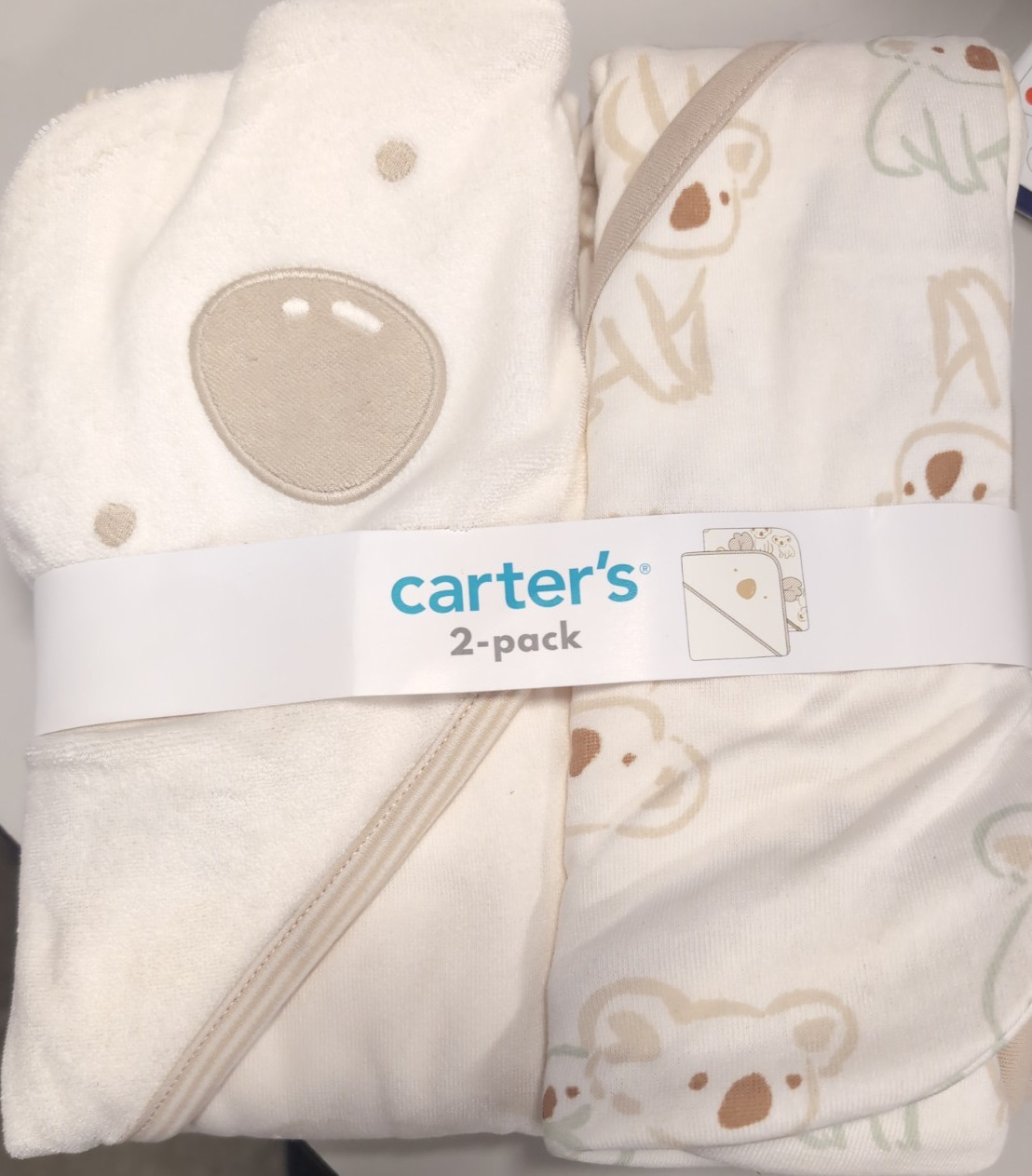Carter’s Baby 2 Pack Hooded Towels Ivory Khaki Bear One Size 30x30 New
