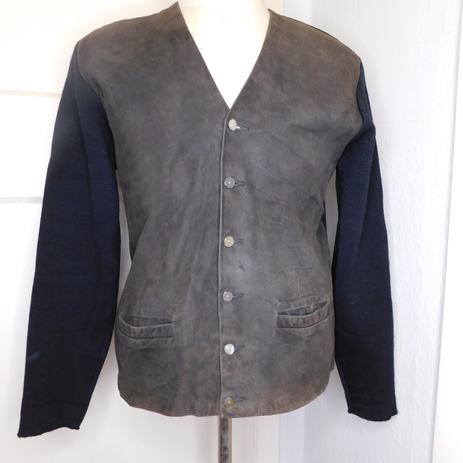 Vtg 60s Puritan Mens L Black Cardigan Knit Sweater Suede Rockabilly Grandpa Vtg 60s Puritan Mens L Black Cardigan Knit Sweater Suede Rockabilly Grandpa