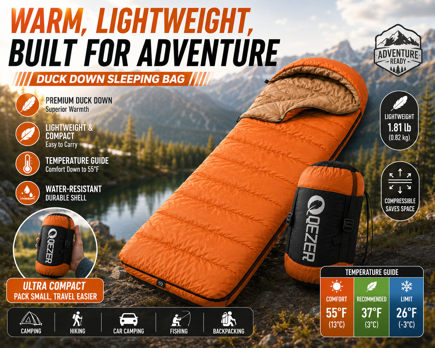 QEZER 400g Duck Down Sleeping Bag 600FP Lightweight Camping Hiking Compression