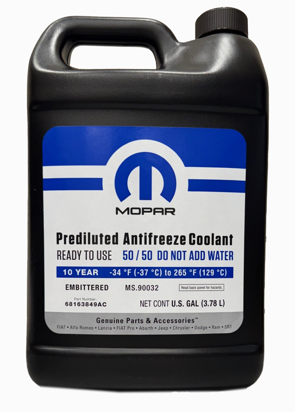Mopar 68163849AC Engine Coolant / Antifreeze 10 Year 50/50 Prediluted - 1 Gallon