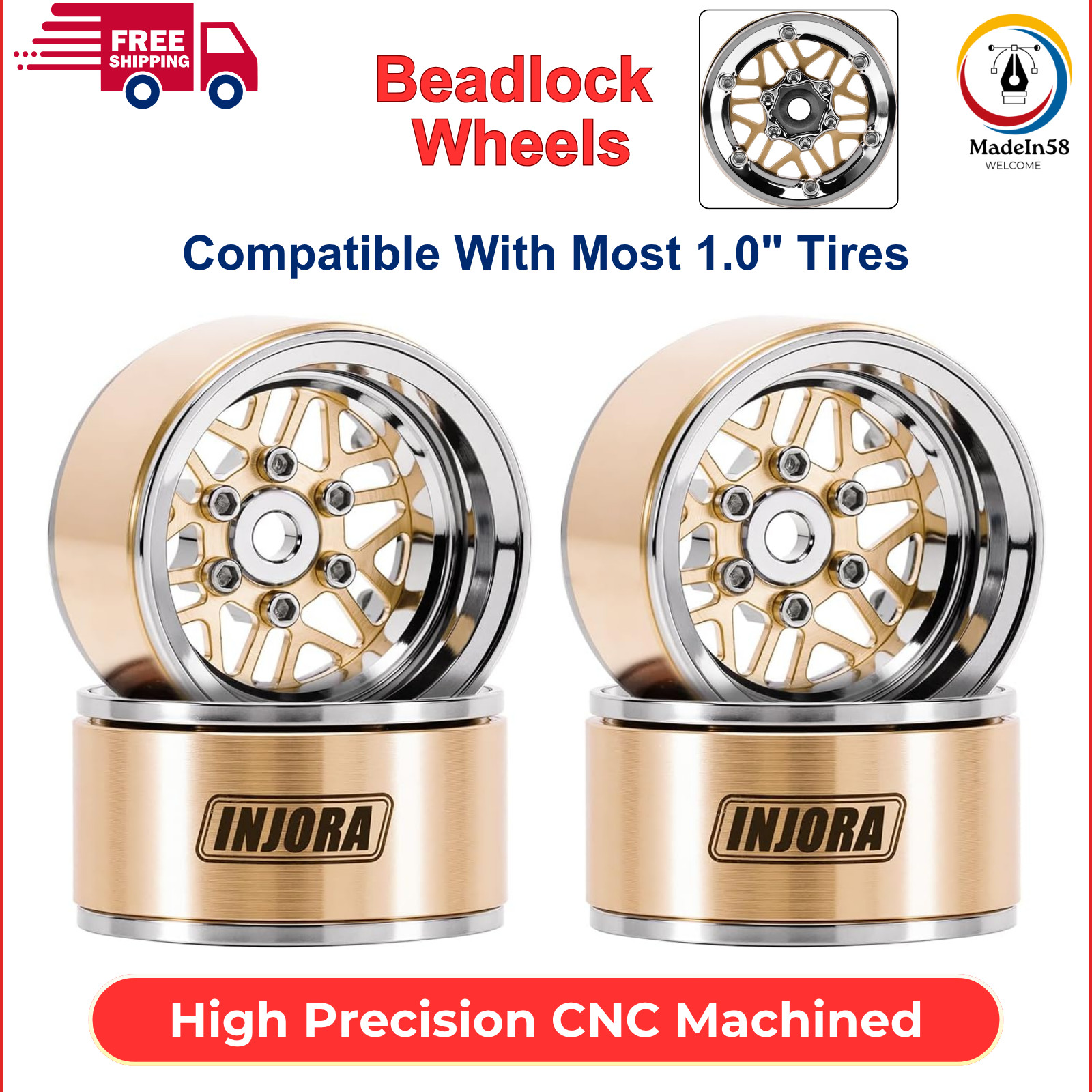 INJORA 1.0 Brass Aluminum Beadlock Wheels ModuWheel for TRX4M SCX24 1/18 1/24