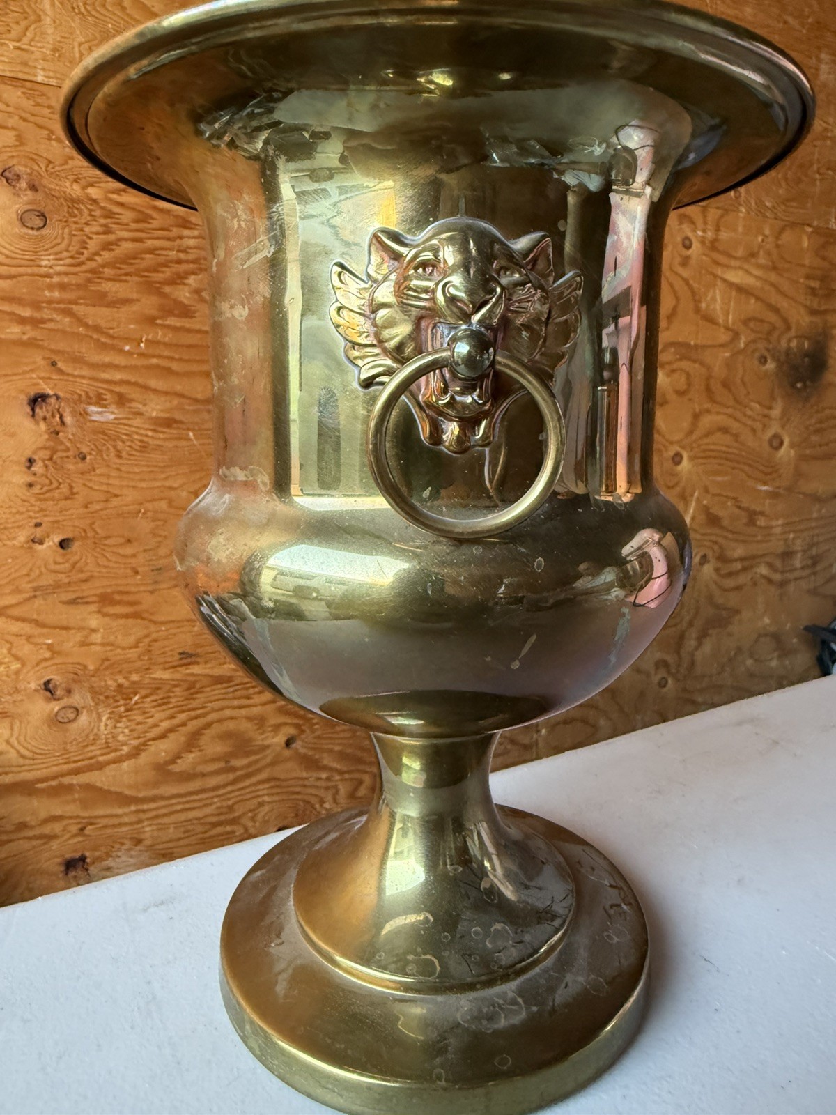 VTG 11” Brass Large Lion Head Handle Pedestal Planter Fireplace Jardinere Decor VTG 11” Brass Large Lion Head Handle Pedestal Planter Fireplace Jardinere Decor