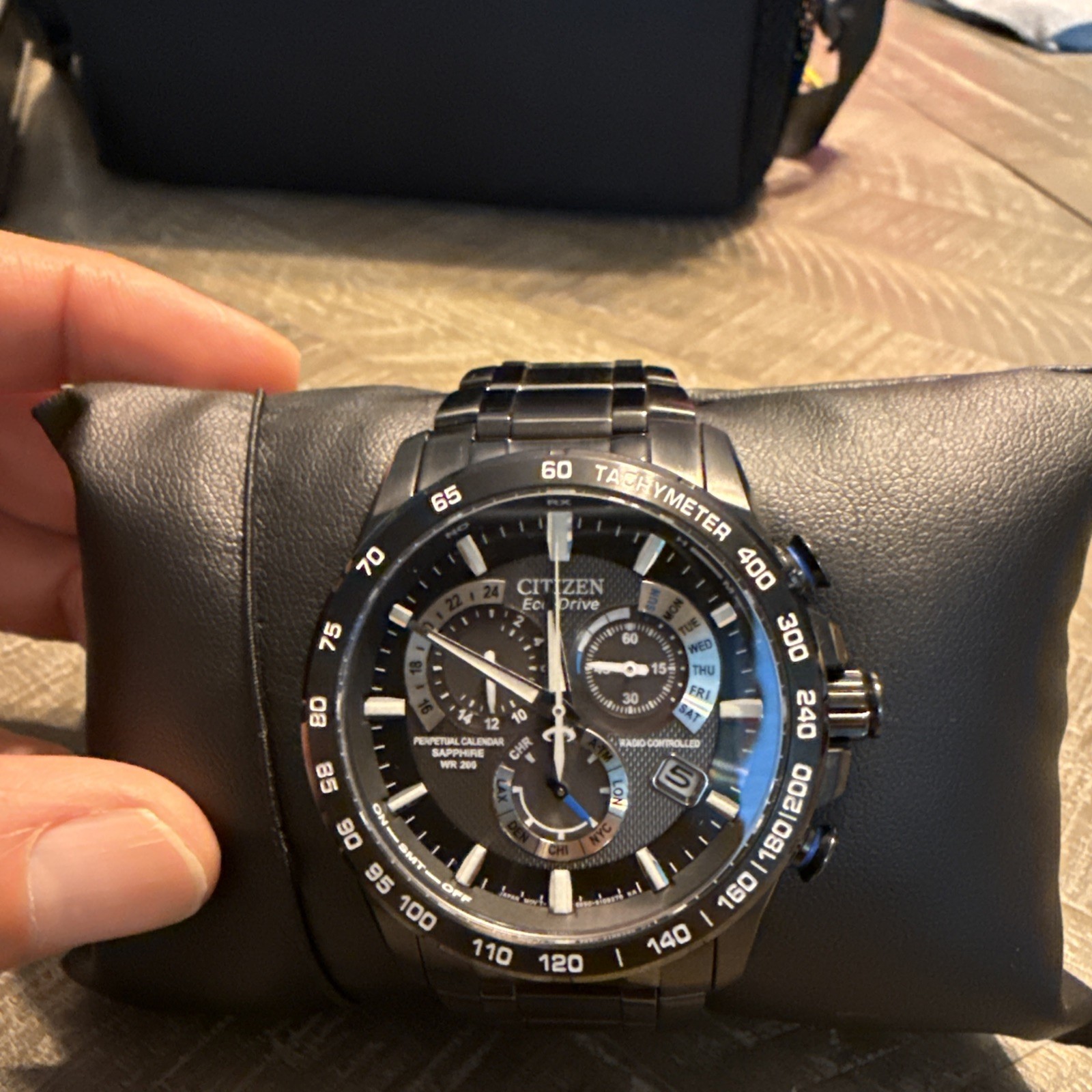 Citizen ECO-DRIVE AT4007-54E Perpetual Chrono Atomic Sapphire Black Wristwatch