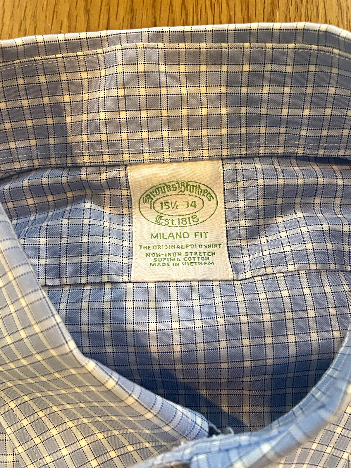 Brooks Brothers Milano Fit Non-Iron Shirt Blue/White Check 15 3/4-34