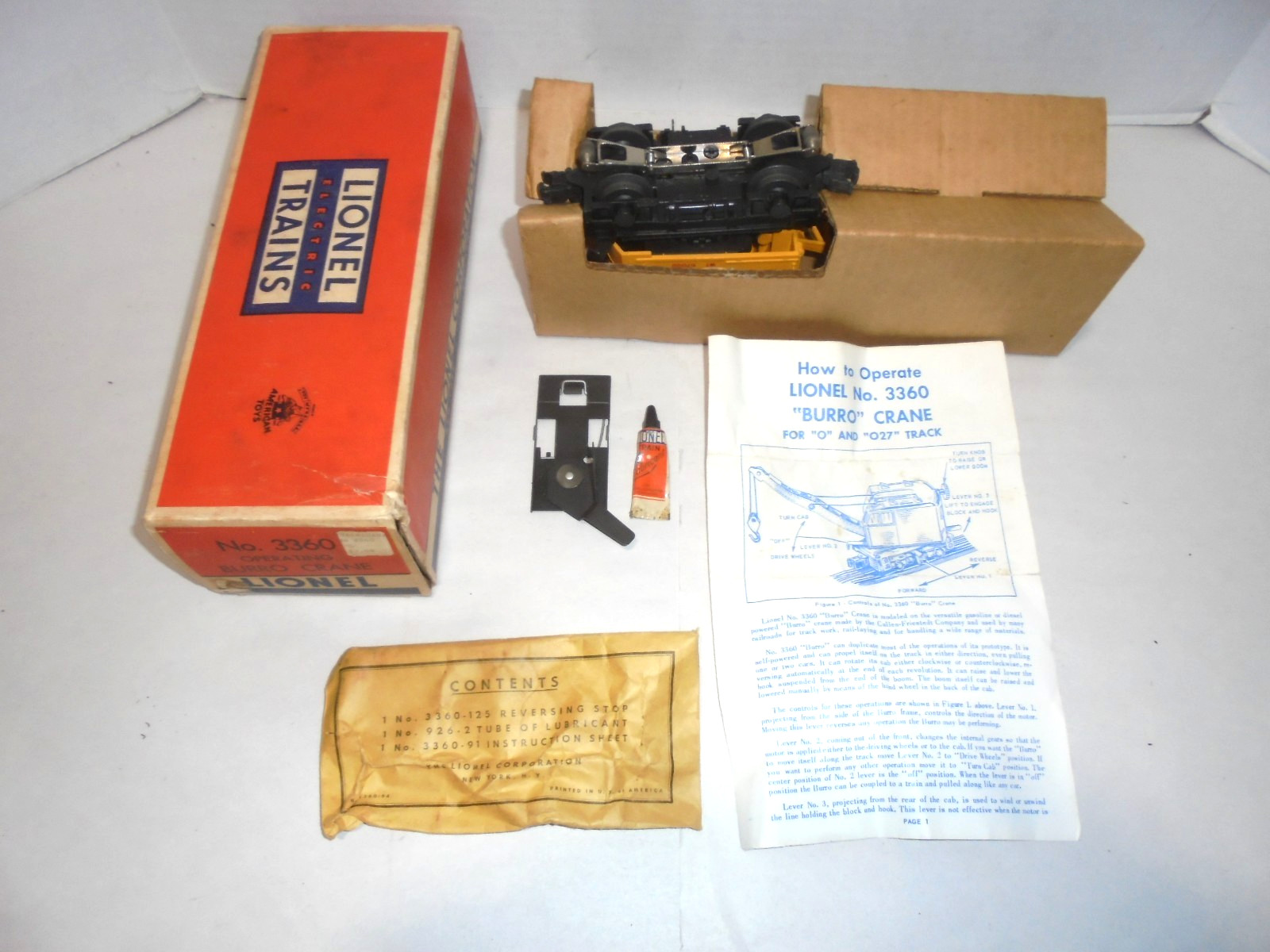 LIONEL 3360 OPERATING BURRO CRANE WITH ORIGINAL BOX VINTAGE POST WAR TRAIN LIONEL 3360 OPERATING BURRO CRANE WITH ORIGINAL BOX VINTAGE POST WAR TRAIN