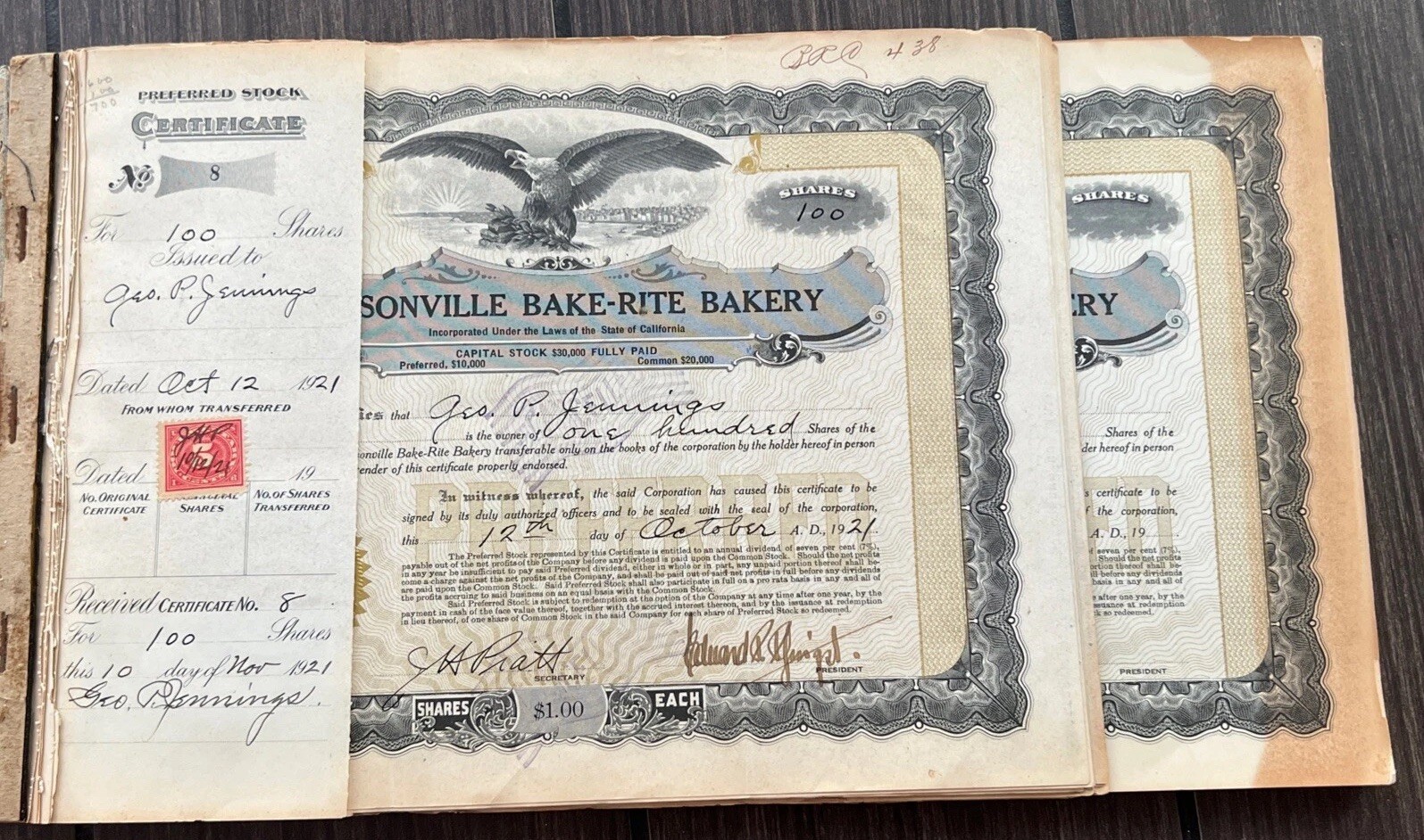 ONE Antique 1920s Watsonville Bake-Rite Bakery Stock Certificate Share