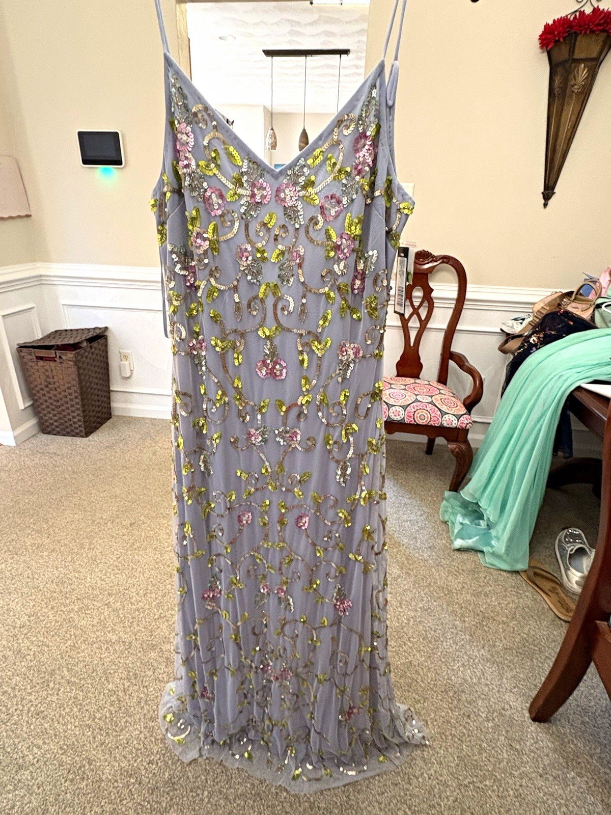 Jump Apparel 13640 Blue Floral Sequin Beaded V-Neck Long Gown Size 10