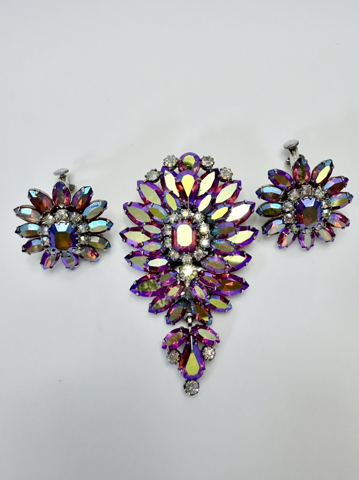 Vintage Vendôme Purple AB Rhinestone Brooch Earrings Demi Parure Signed