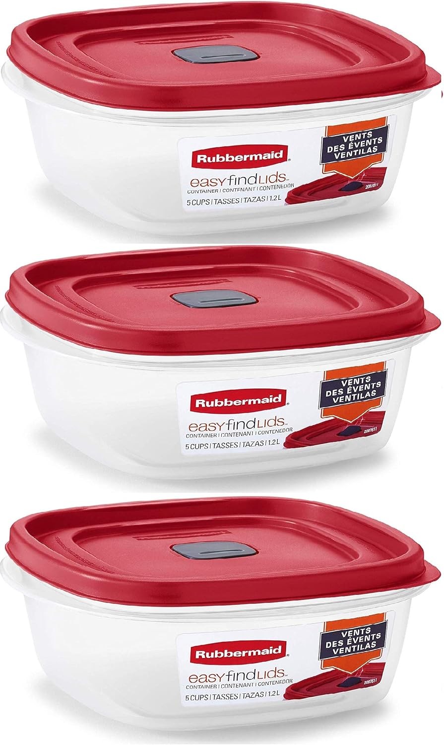 Rubbermaid Easy Find Lid Square 5-Cup Food Storage Container (Pack of 3), Red