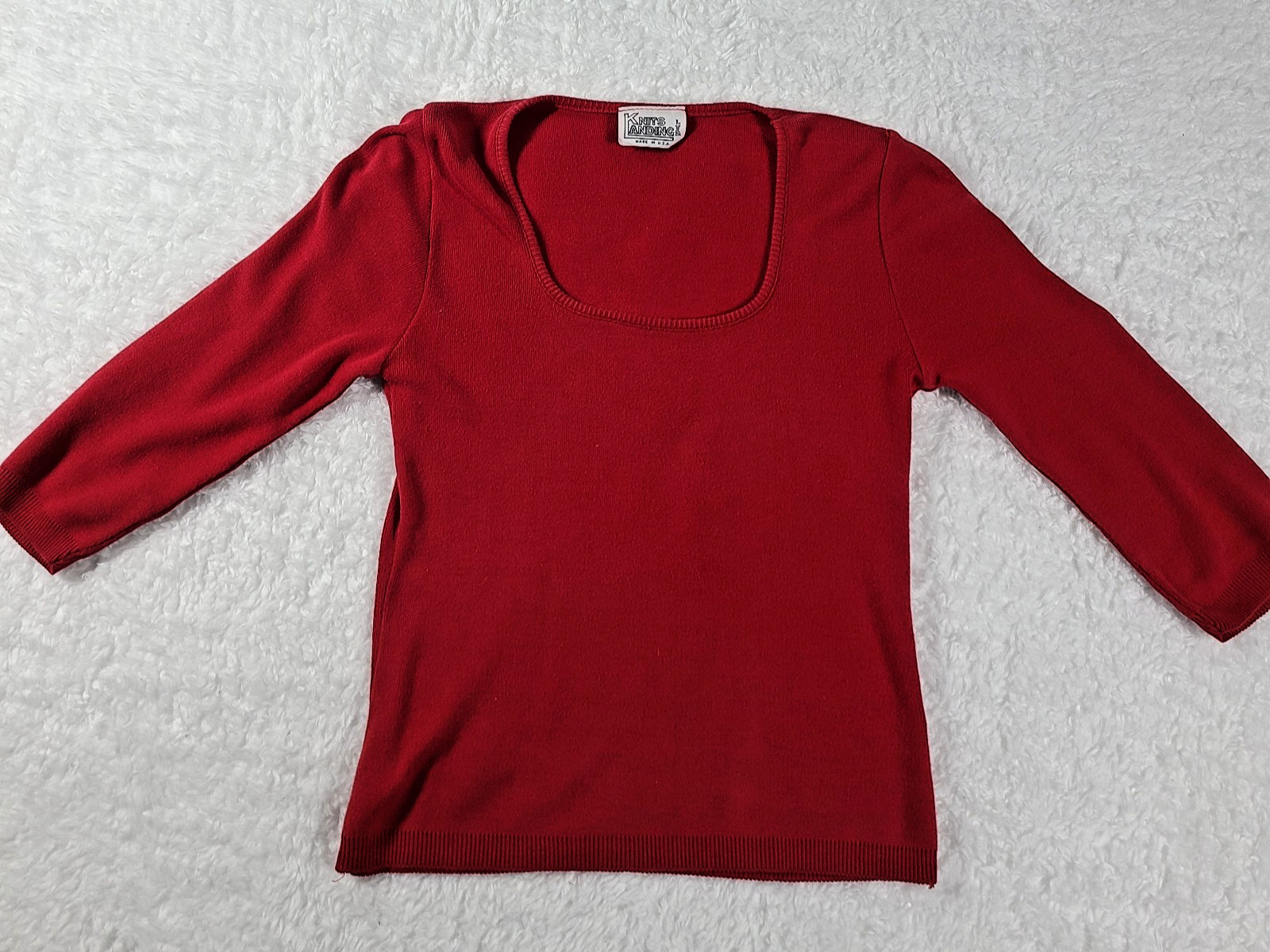 Vintage Knits Landing Ltd Red Cotton Knit Top Small Made USA 3/4 Sleeve