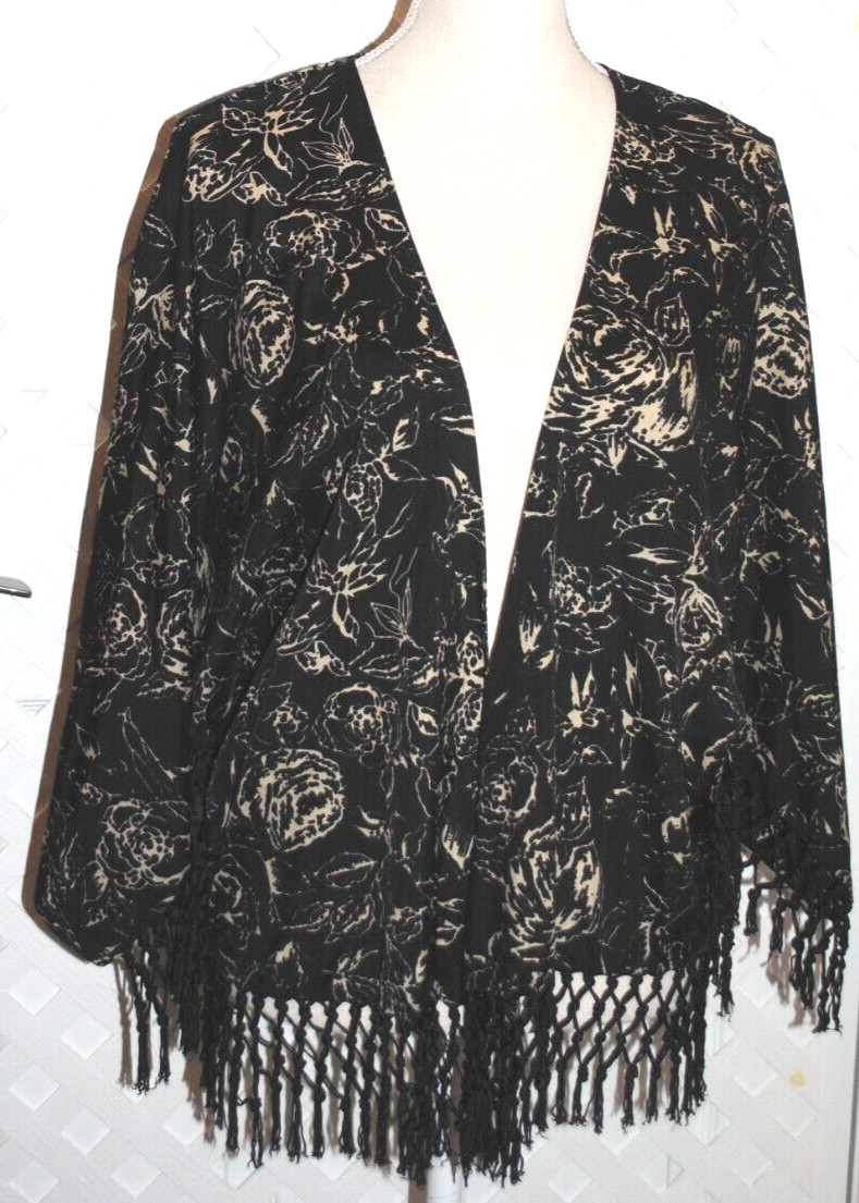 Vince Camuto Women\'s Open Front Silky Floral Fringed Kimono Top One Size Black Vince Camuto Women\'s Open Front Silky Floral Fringed Kimono Top One Size Black