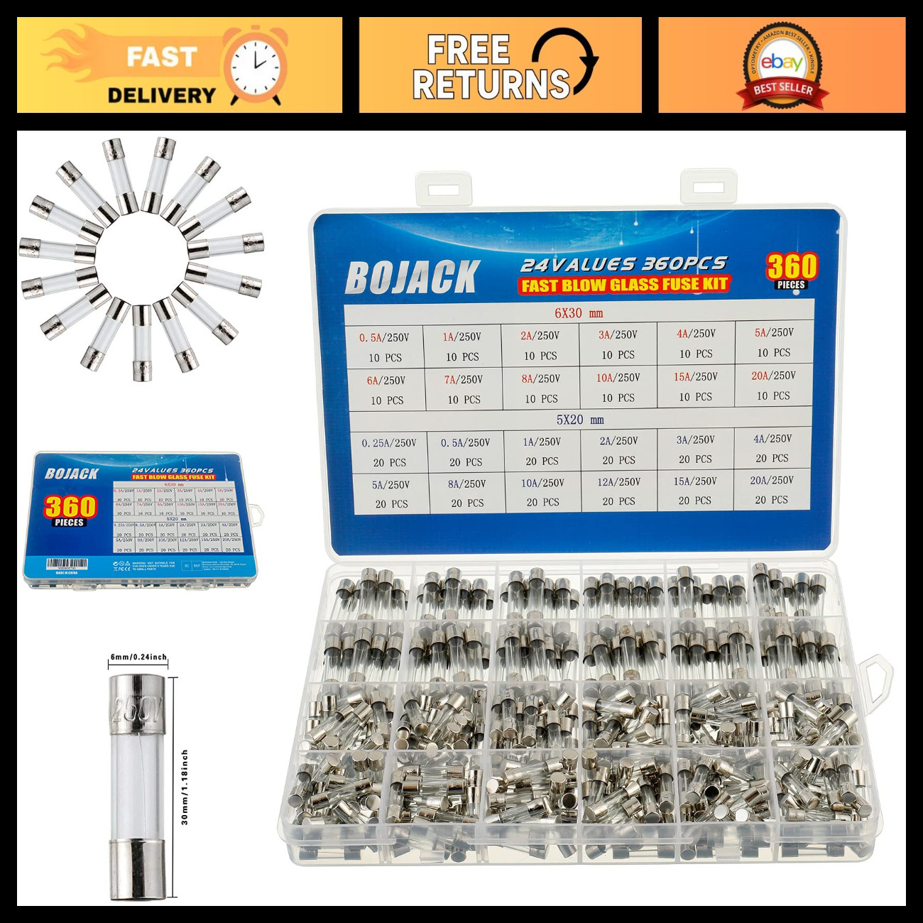 360 PCS Glass Fuse Assortment Kit - Fast-Blow 5x20mm & 6x30mm, 0.25-20A, Clear B 360 PCS Glass Fuse Assortment Kit - Fast-Blow 5x20mm & 6x30mm, 0.25-20A, Clear B