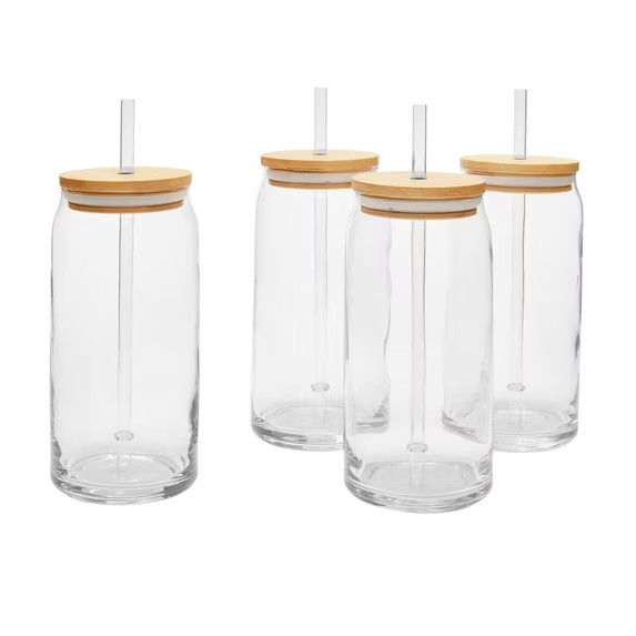 Mainstays Briar Can Glass Drinkware with Lids ,Straws, Set of 4. Mainstays Briar Can Glass Drinkware with Lids ,Straws, Set of 4.