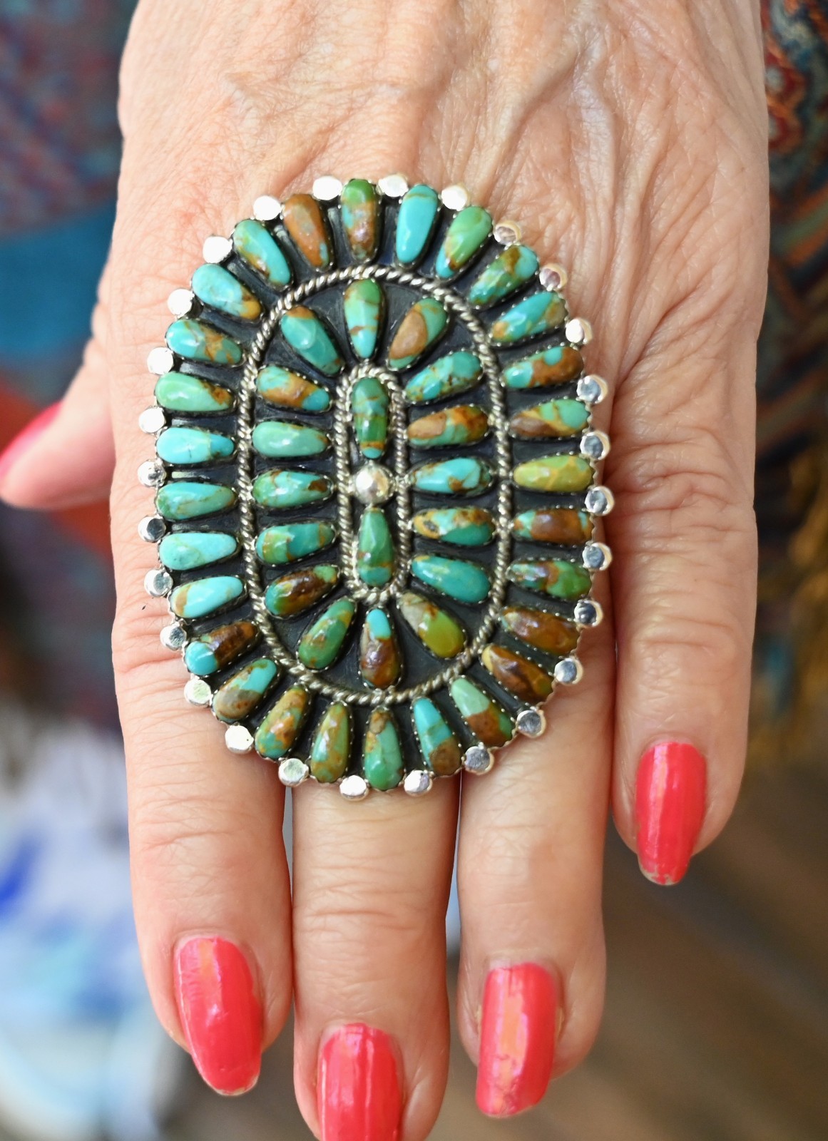 New Huge Navajo Size 6 Ring by Davin Benally Sterling & Green Turquoise 23 grams