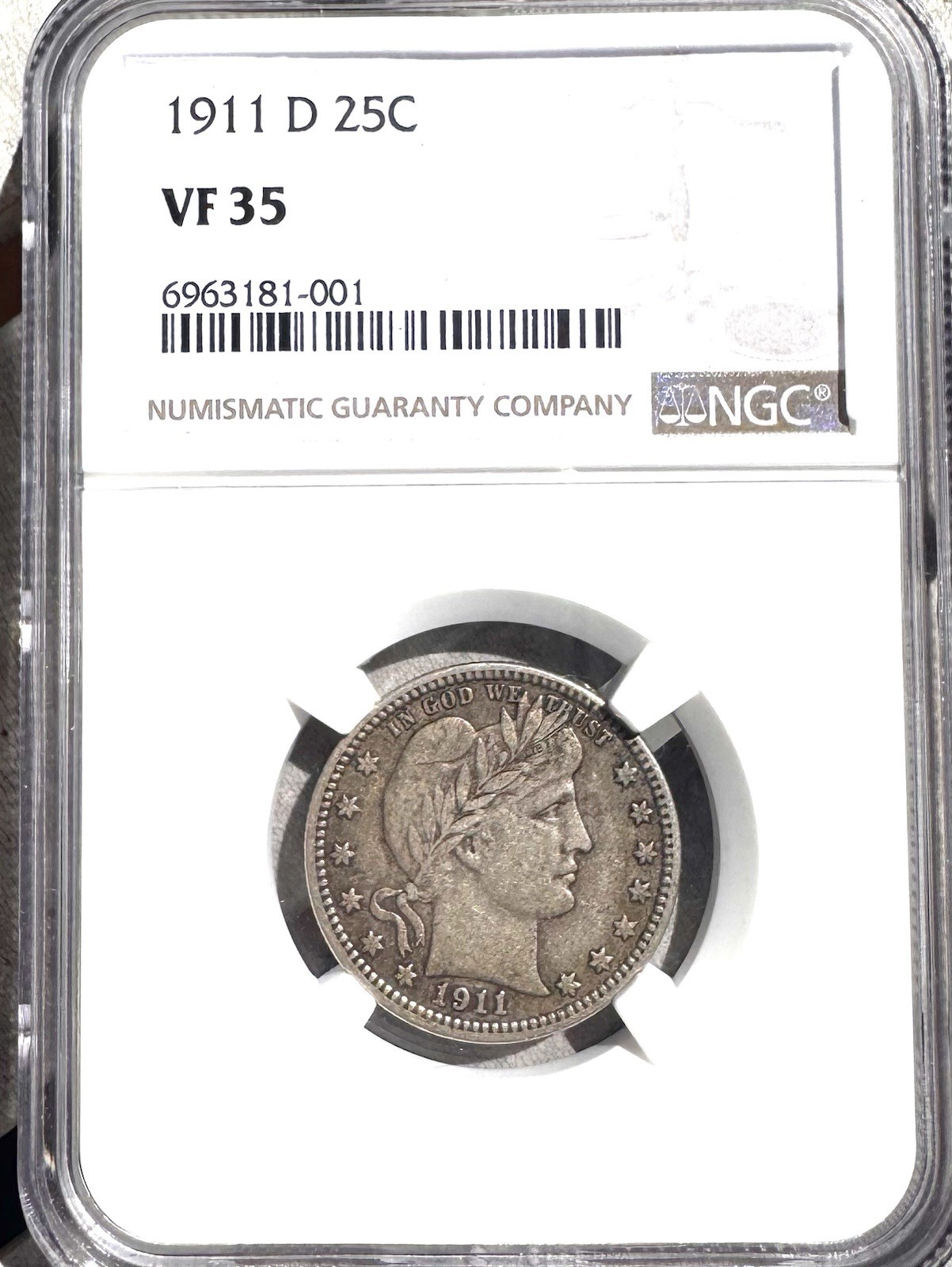 1911-D 25C Barber Quarter NGC Certified VF35 1911-D 25C Barber Quarter NGC Certified VF35