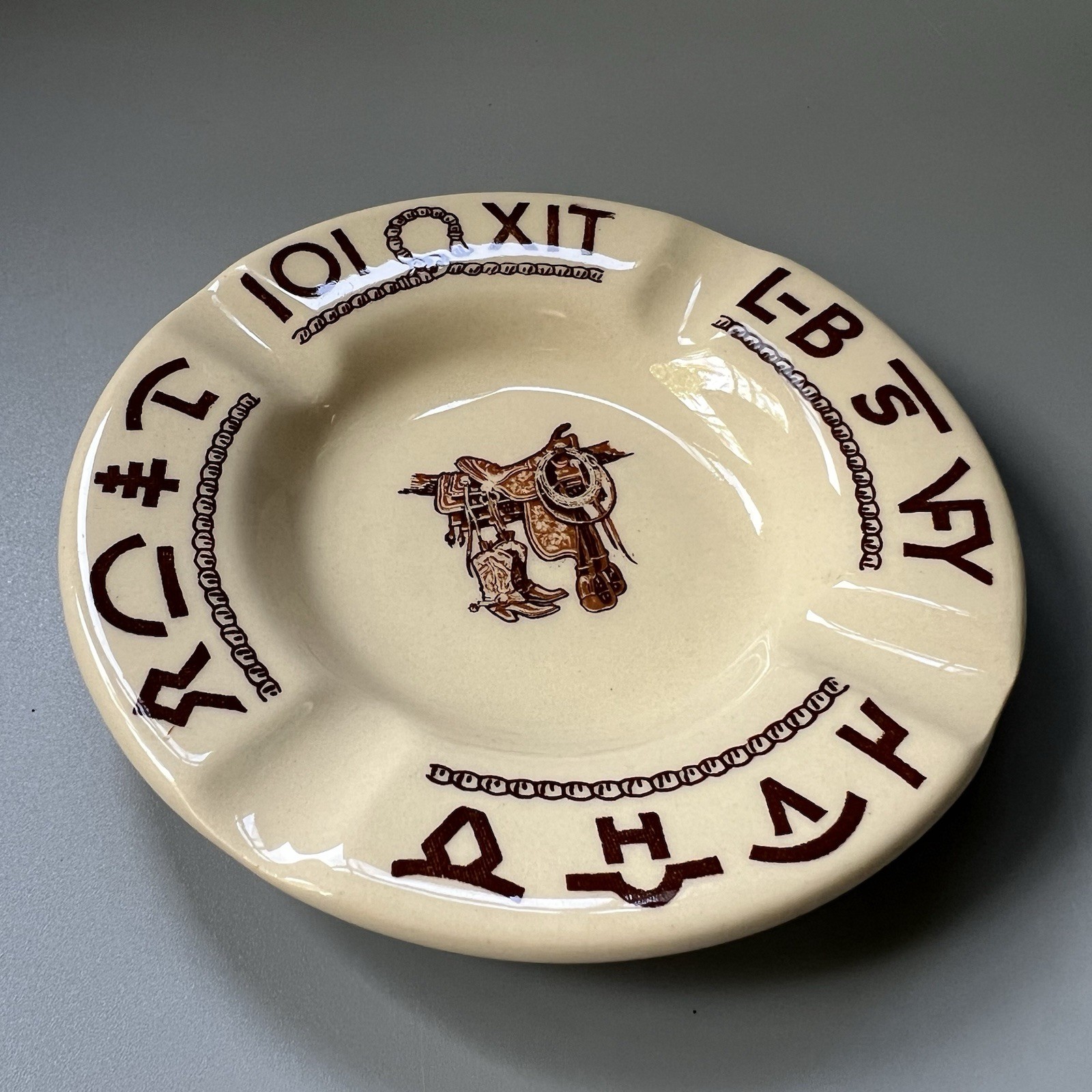 Vtg Wallace China Westward Ho Boots & Saddle Cattle Brand Ashtray Till Goodan