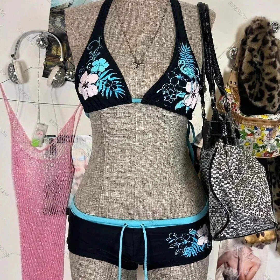 Y2K Vintage Floral Bikini Set Women Halter Strap Swimsuit 2000s Beach Swimwear ,