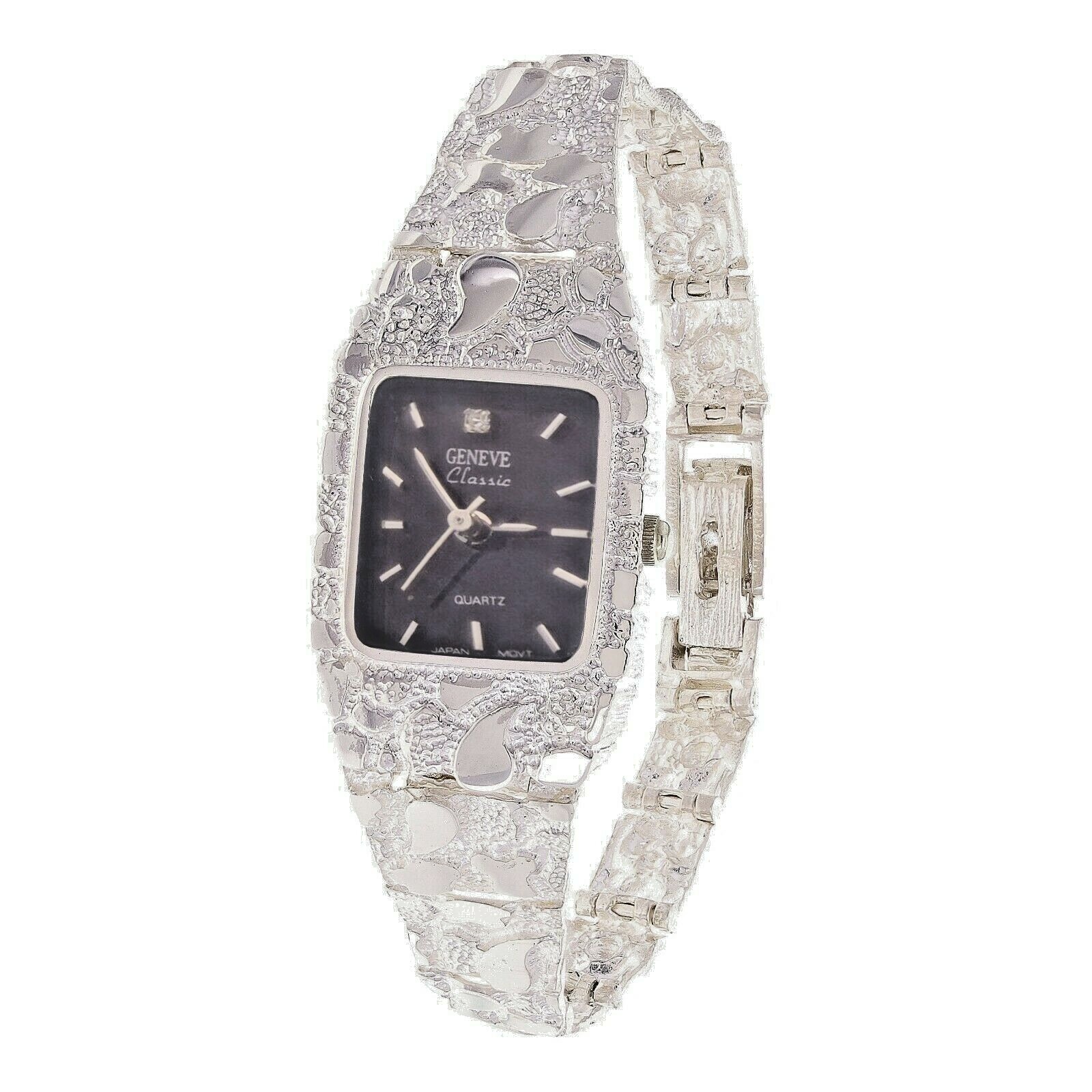 Women's 925 Sterling Silver Nugget Link Geneve Diamond Wrist Watch 7-7.5