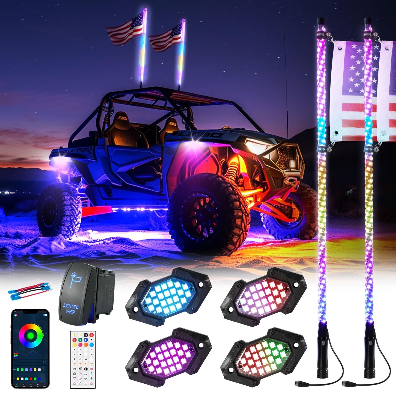 2PCS 3FT Whip Light and 4PCS Rock Light Combo Kit with Spring Base, Switch, A... 2PCS 3FT Whip Light and 4PCS Rock Light Combo Kit with Spring Base, Switch, A...