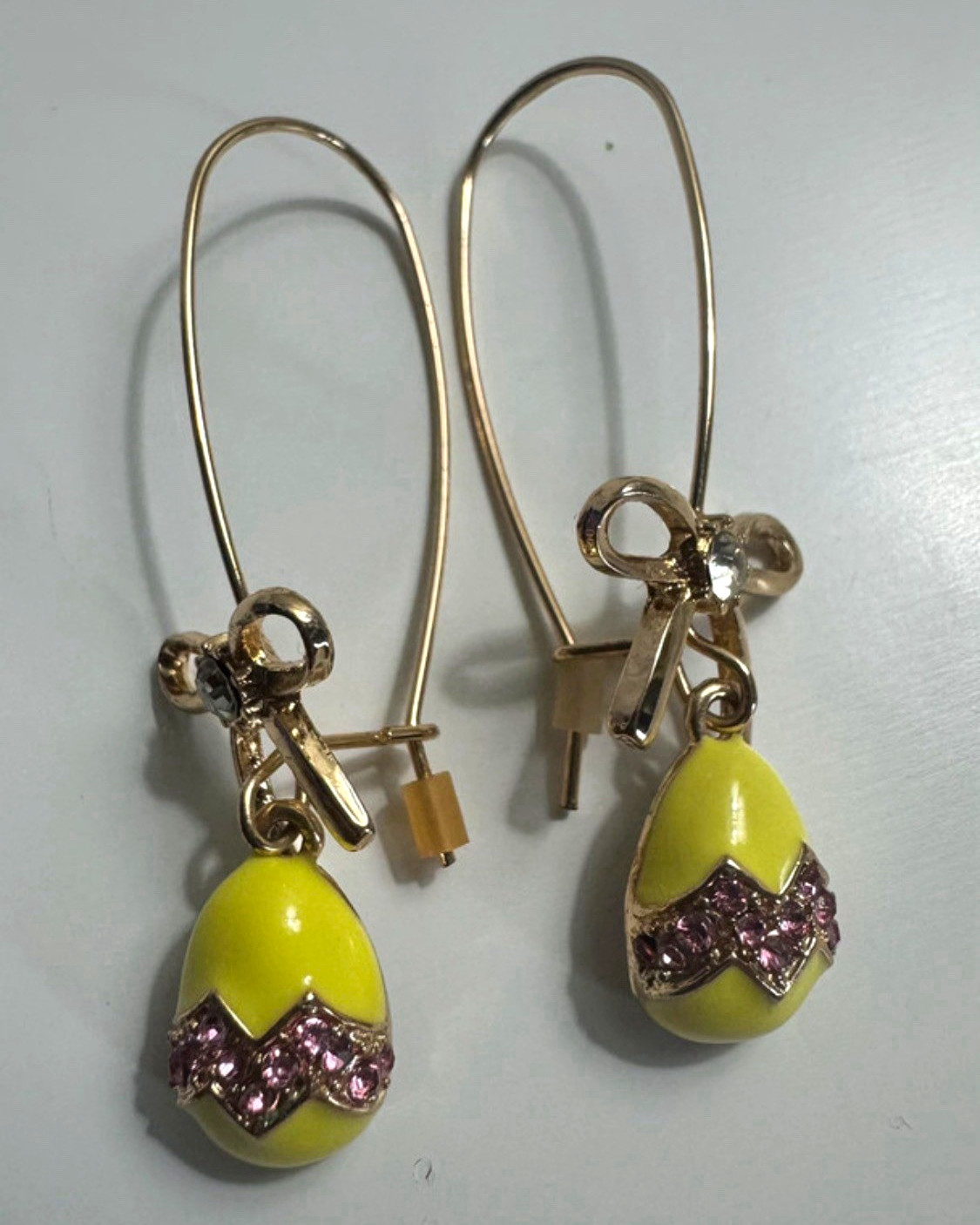 Gold tone Betsy Johnson egg dangle earrings Easter egg with rhinestones Gold tone Betsy Johnson egg dangle earrings Easter egg with rhinestones