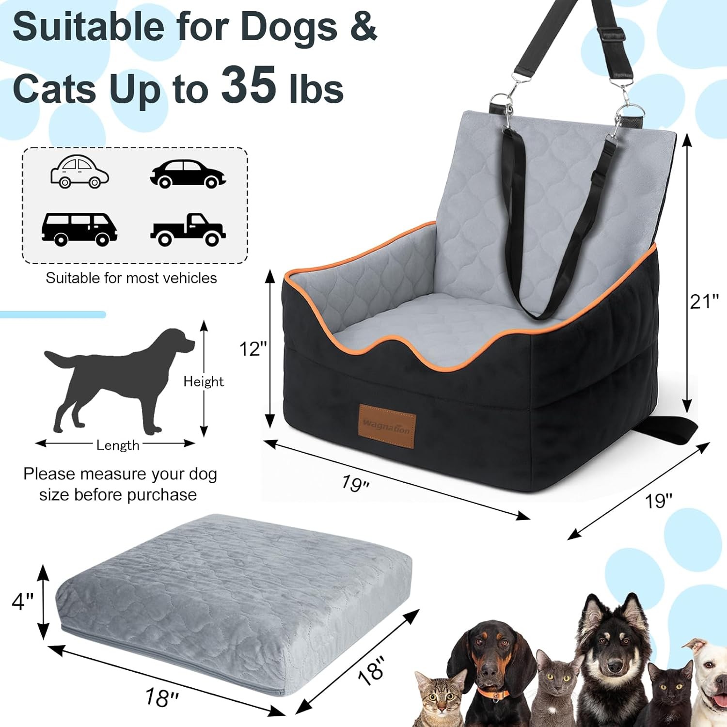 Dog Booster Car Seat for S/M Dogs Detachable Elevated Pet Seat up to 35 lbs US