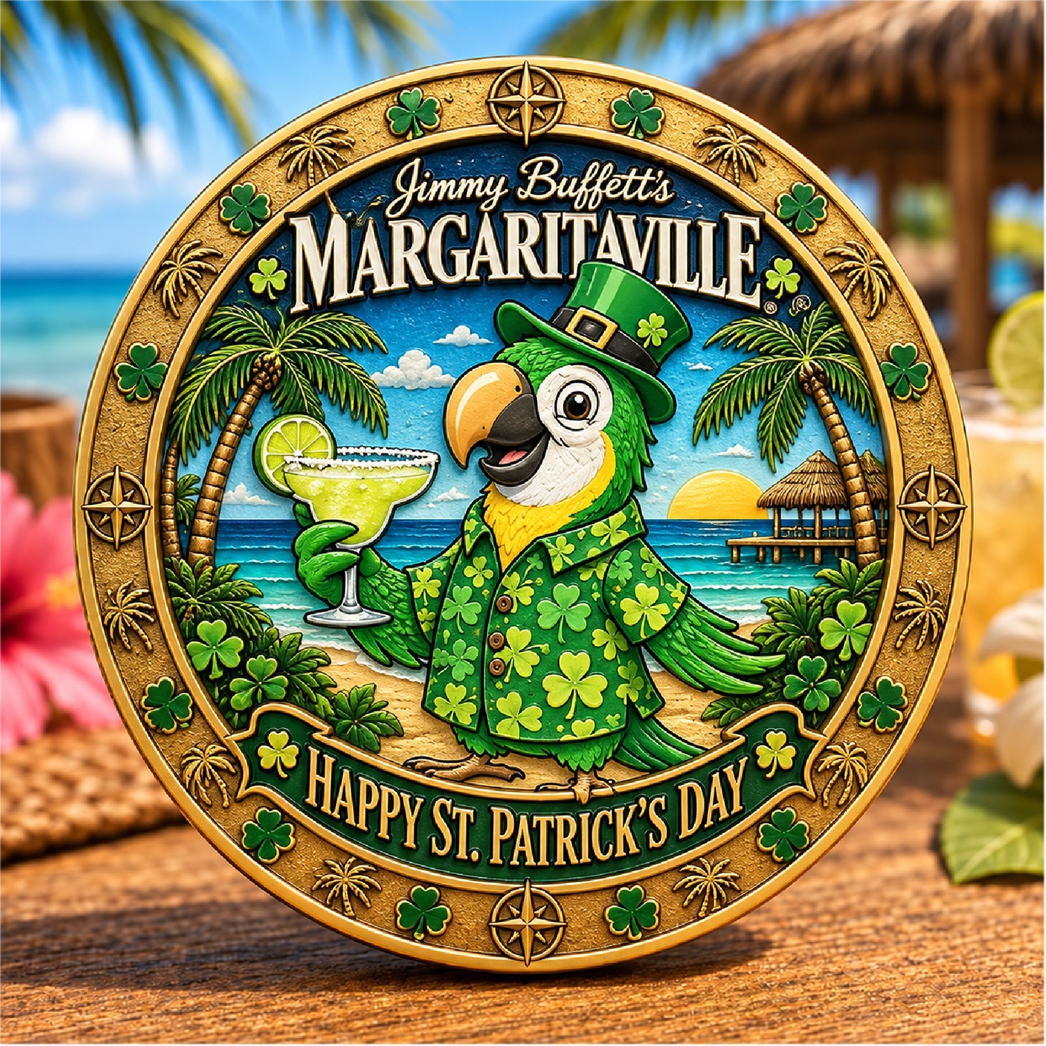 Jimmy Buffett Margaritaville St Patricks Day Challenge Coin Shamrock Parrot Coin Jimmy Buffett Margaritaville St Patricks Day Challenge Coin Shamrock Parrot Coin