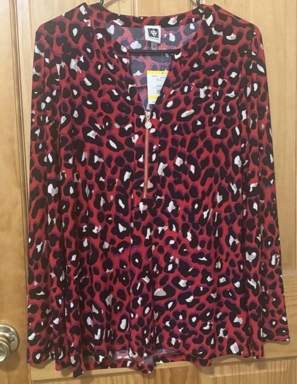 NWT Anne Klein Blouse Womens M Poppy Multi Leopard Animal Print 1/4 Zip Shirt