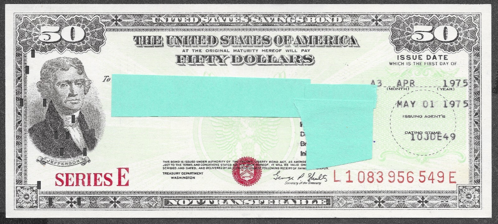 Vintage 1970s $50 US Savings Bond Series E  Washington- REEDEEMED IBM Punch Card