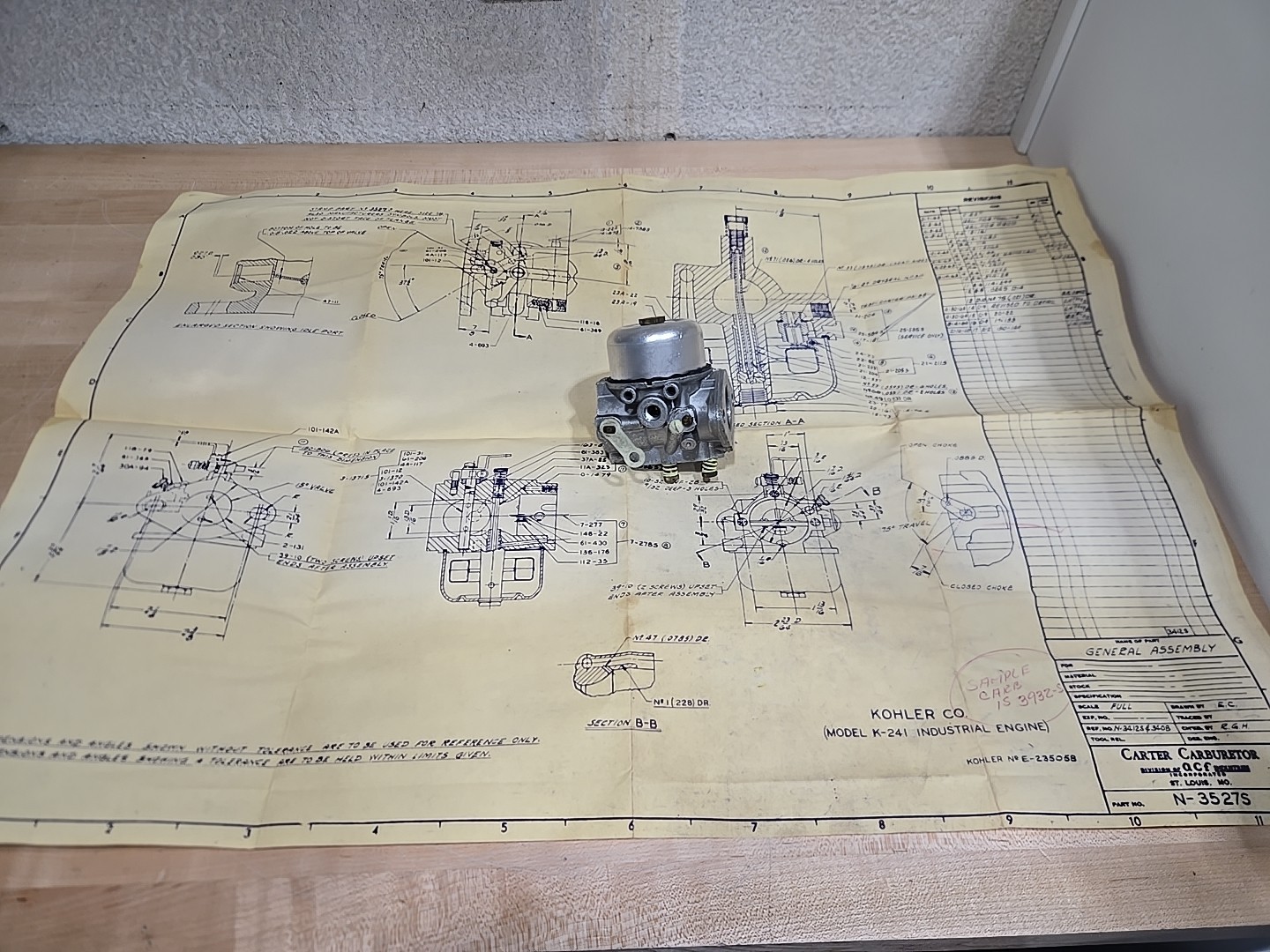 Vintage Carter N-3527S Kohler K-241 Carburetor NOS W/ Schematics 