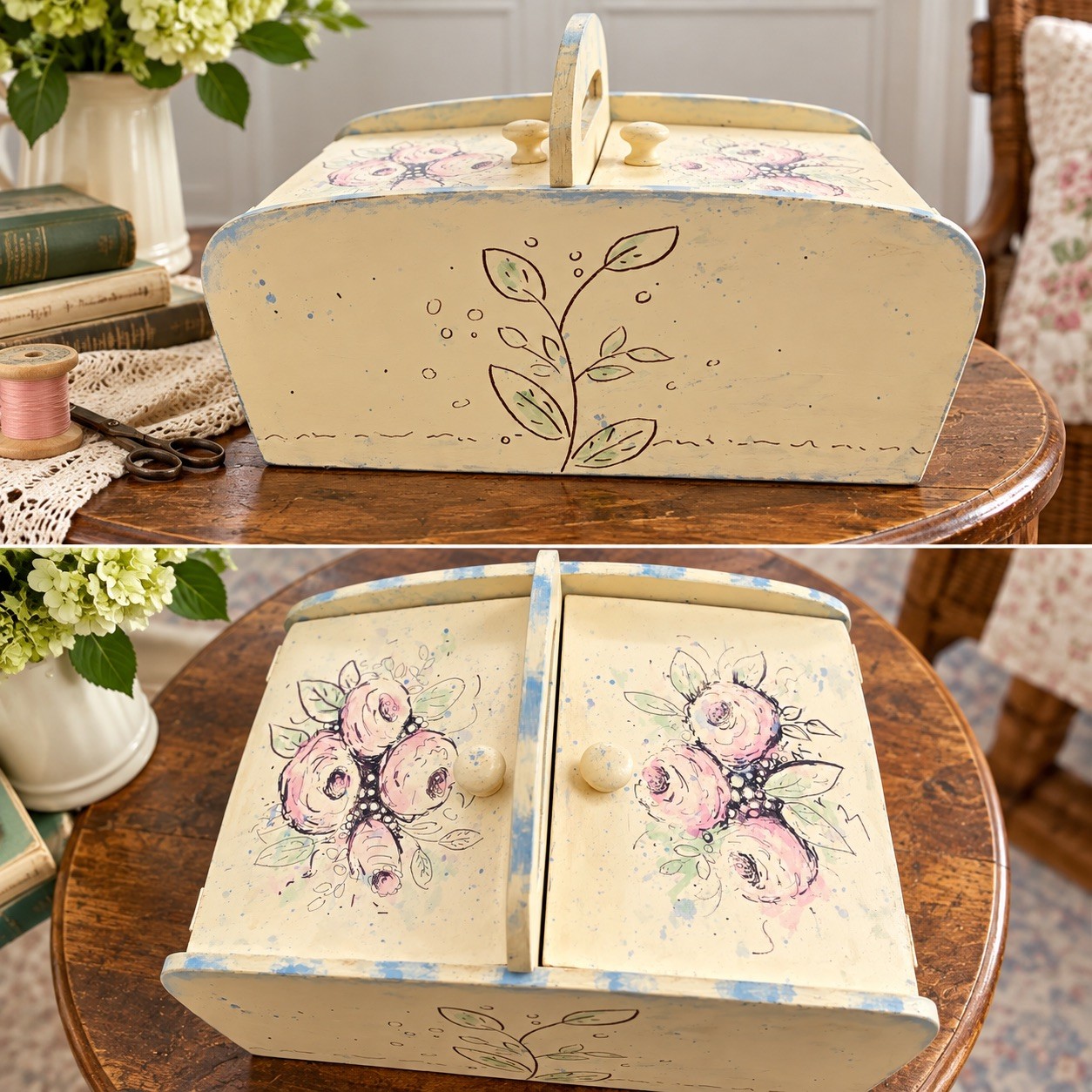 Hand Painted Wooden Sewing Box Floral Folk Art Yarn Knitting Caddy