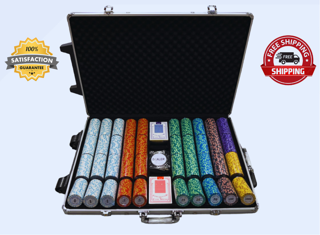 1000ct. Monte Carlo Poker Club 14g Clay Chip Set W/Rolling Case Chips